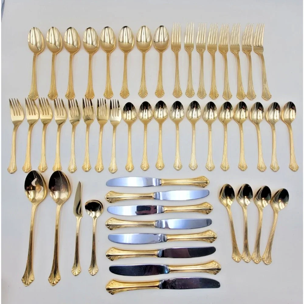 Supreme Cutlery Gold Tone Stainless Japan Flatware Set w/ Wood Case Set of 51